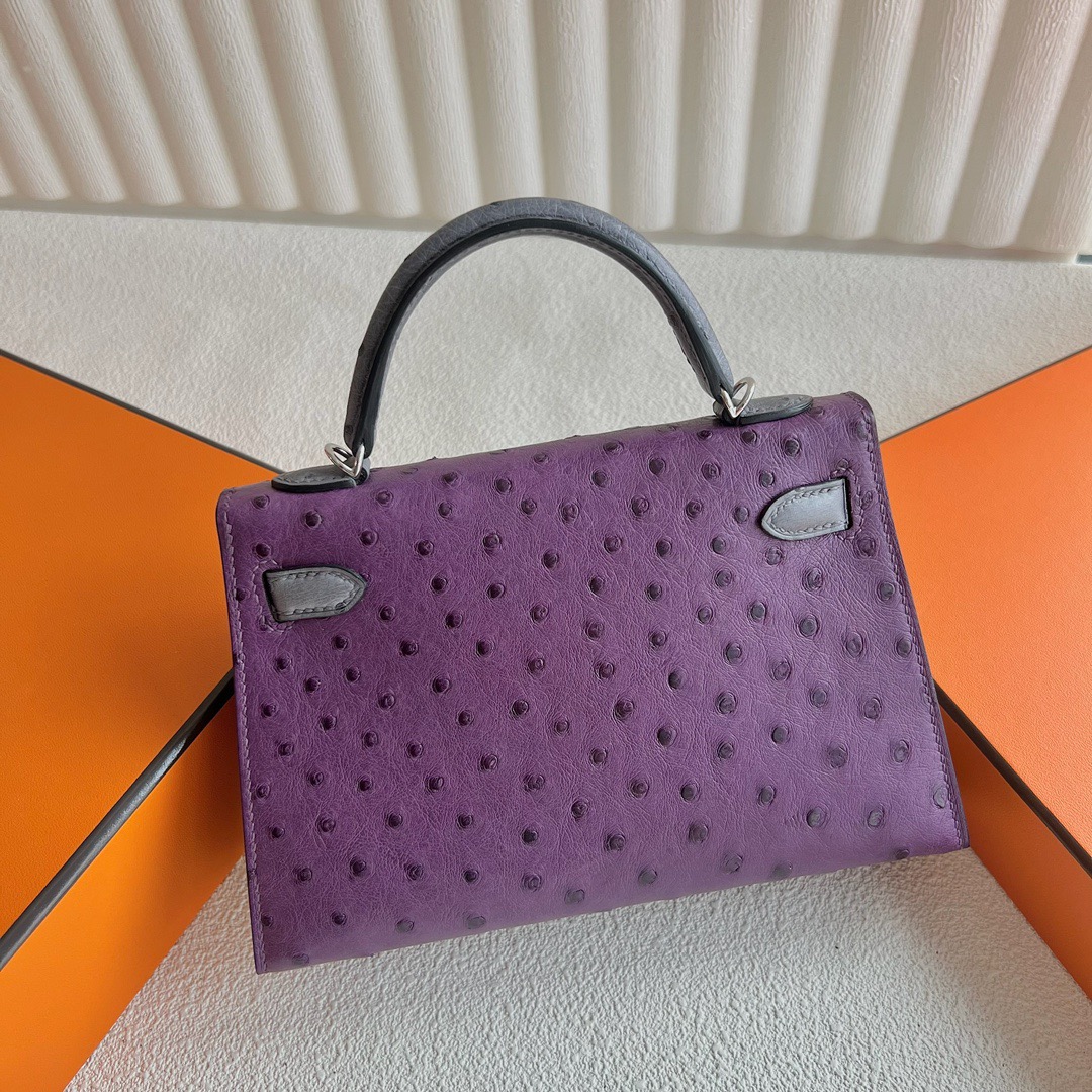 愛馬仕凱莉迷你款價格 Hermès Special Order HSS Kelly Mini Sellier Ostrich Violet紫羅蘭/Gris agate瑪瑙灰