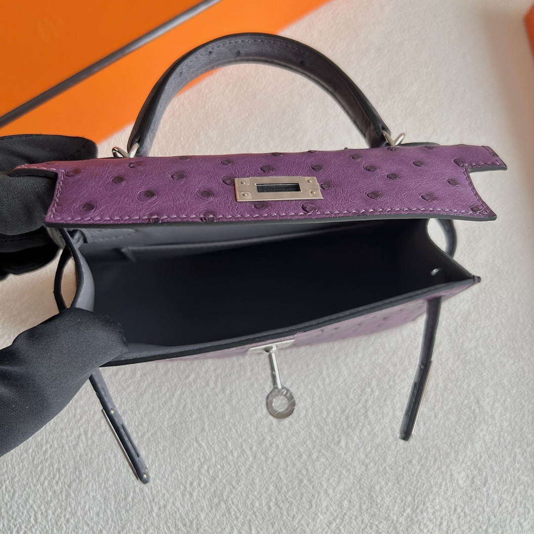愛馬仕凱莉迷你款價格 Hermès Special Order HSS Kelly Mini Sellier Ostrich Violet紫羅蘭/Gris agate瑪瑙灰