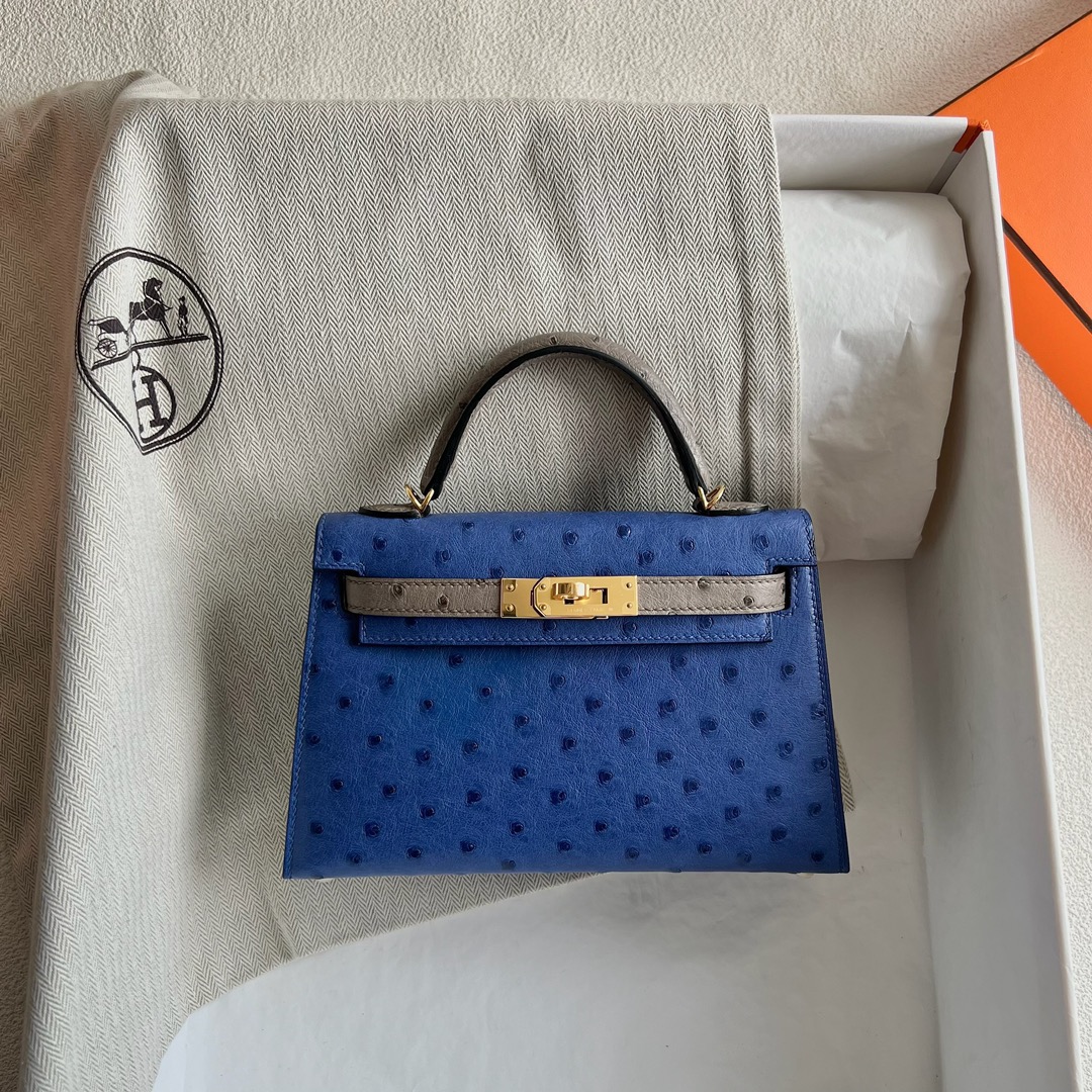 愛馬仕迷你凱莉二代多少錢 Hermès HSS Kelly Mini Sellier Ostrich Bleu Zellige琉璃藍/Gris Tourterelle斑鳩灰