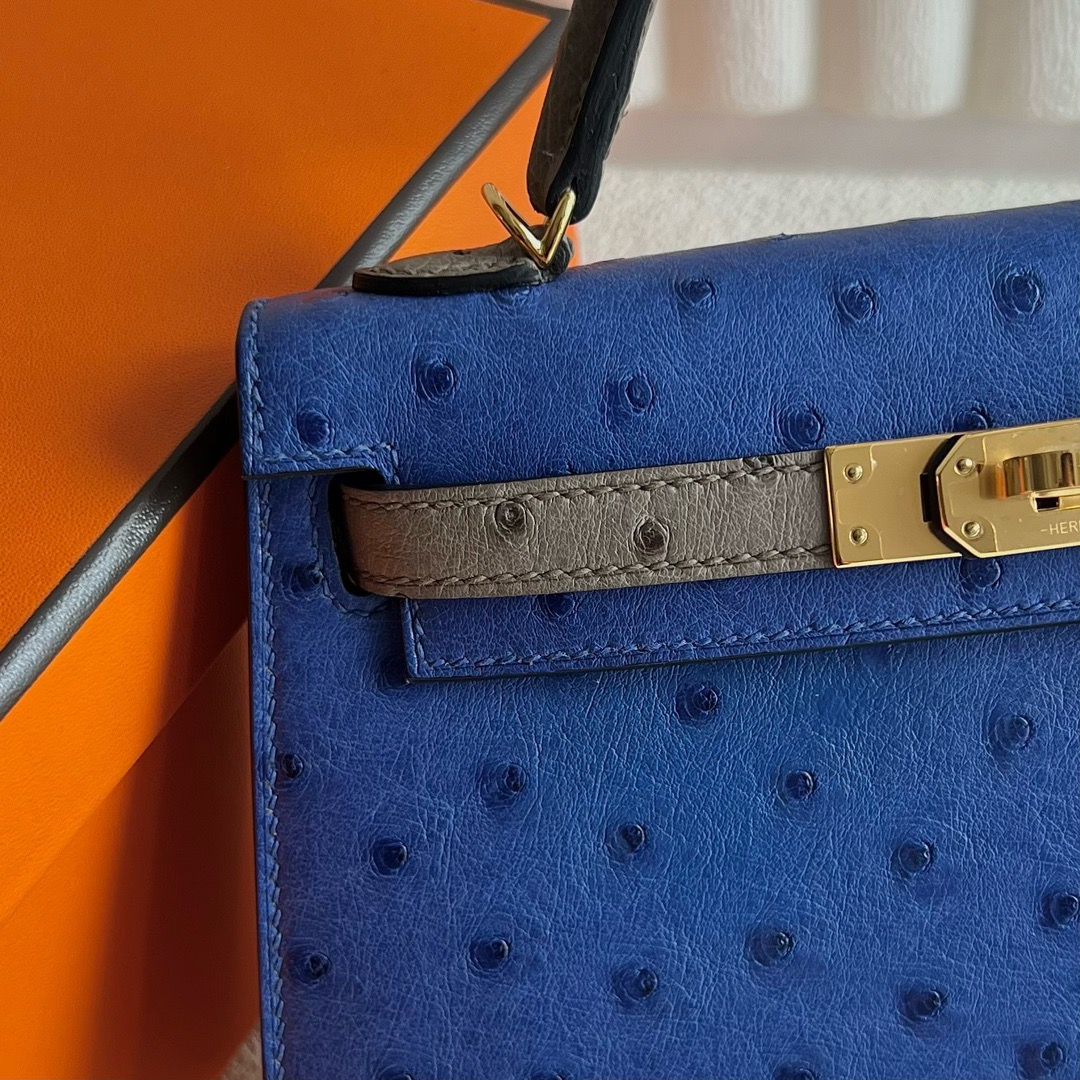 愛馬仕迷你凱莉二代多少錢 Hermès HSS Kelly Mini Sellier Ostrich Bleu Zellige琉璃藍/Gris Tourterelle斑鳩灰