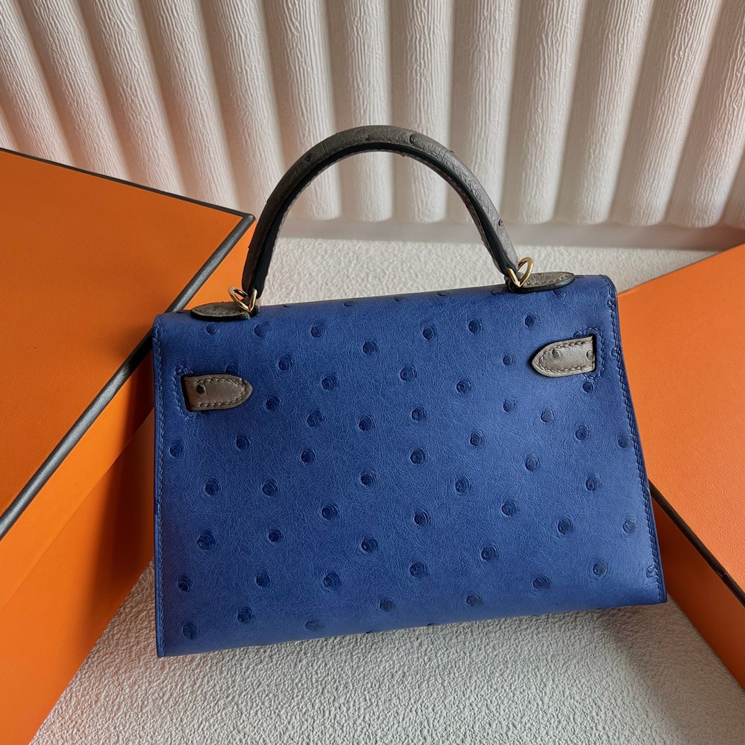 愛馬仕迷你凱莉二代多少錢 Hermès HSS Kelly Mini Sellier Ostrich Bleu Zellige琉璃藍/Gris Tourterelle斑鳩灰