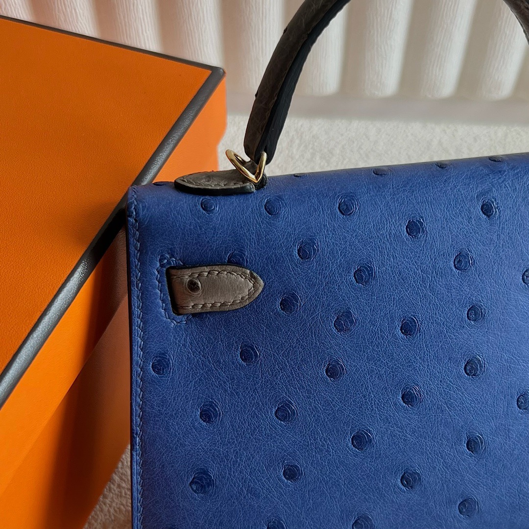 愛馬仕迷你凱莉二代多少錢 Hermès HSS Kelly Mini Sellier Ostrich Bleu Zellige琉璃藍/Gris Tourterelle斑鳩灰