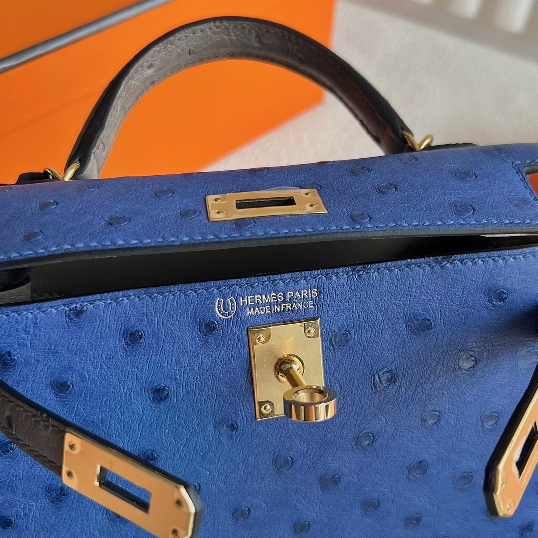 愛馬仕迷你凱莉二代多少錢 Hermès HSS Kelly Mini Sellier Ostrich Bleu Zellige琉璃藍/Gris Tourterelle斑鳩灰