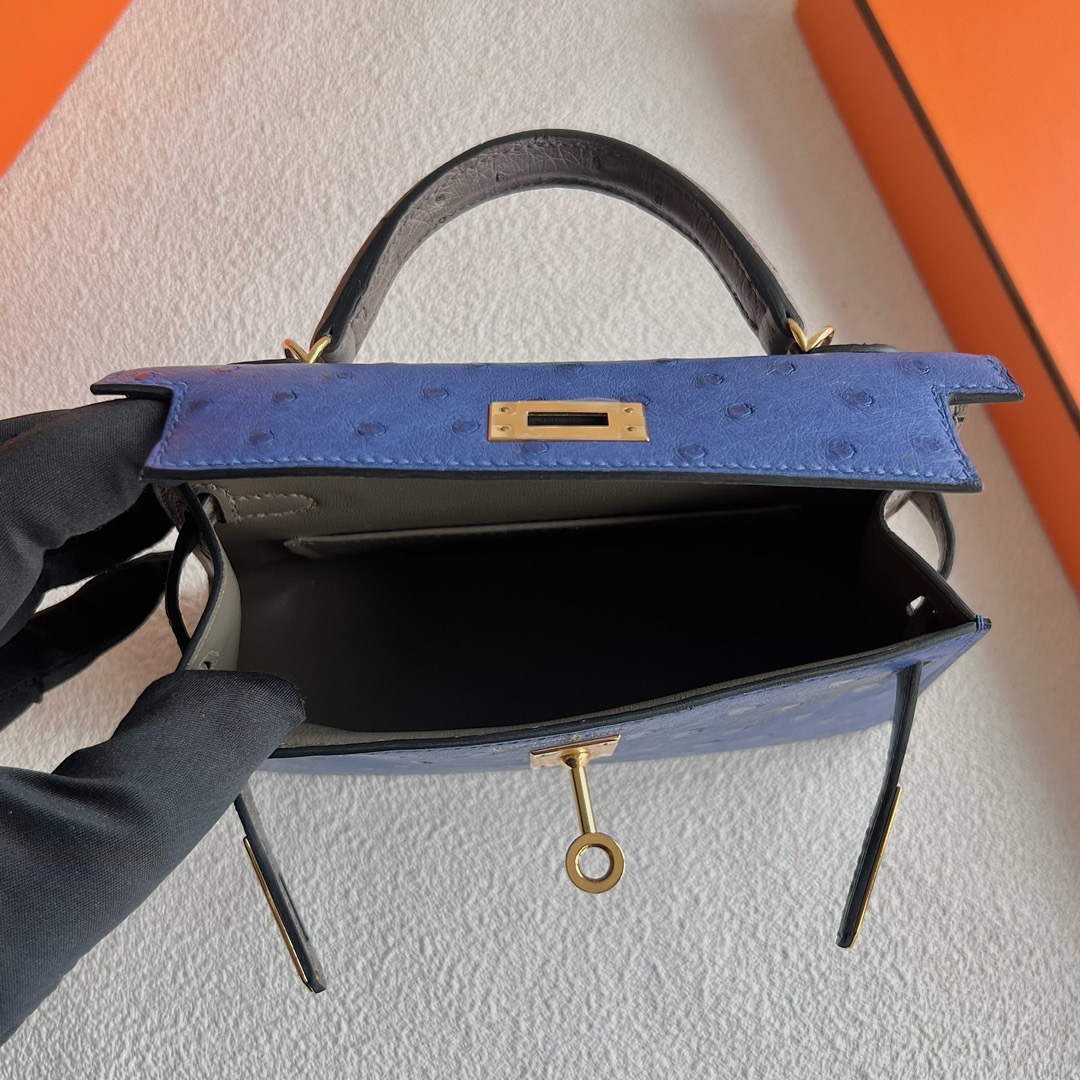 愛馬仕迷你凱莉二代多少錢 Hermès HSS Kelly Mini Sellier Ostrich Bleu Zellige琉璃藍/Gris Tourterelle斑鳩灰