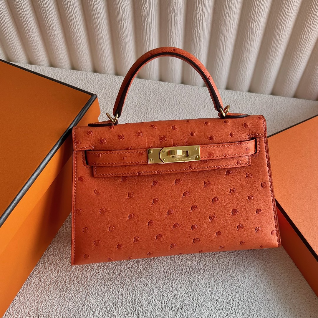 愛馬仕迷你凱莉二代 Hermes Kelly Mini Sellier Ostrich Orange 橙色金色五金